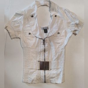 Body Central V-neck Zip-Up Tshirt with Clasp Fashion Belt and Open Back, S